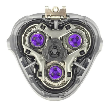 Philips Shaver Replacement Heads, Silver for Everyday Shaving - close-up of triple rotary replacement head with purple blades