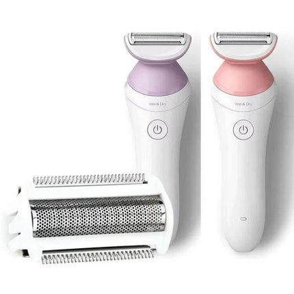 Philips Women's Shaver Replacement Blade for Everyday Grooming shown with two color electric shavers and replacement foil