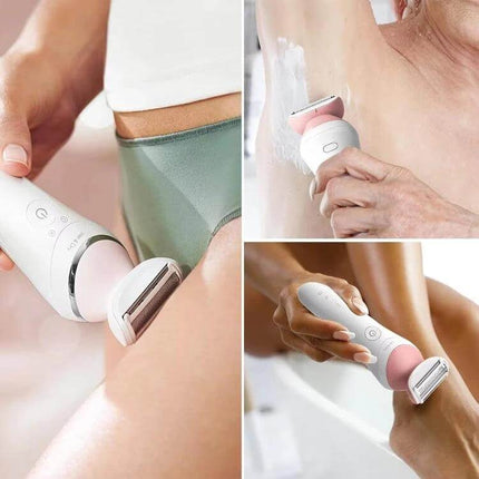 Philips Women's Shaver Replacement Blade for Everyday Grooming shown on legs, underarm and bikini areas for routine electric shaver maintenance