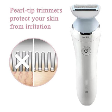 Philips Women's Shaver Replacement Blade for Everyday Grooming showing pearl-tip trimmers protecting skin from irritation