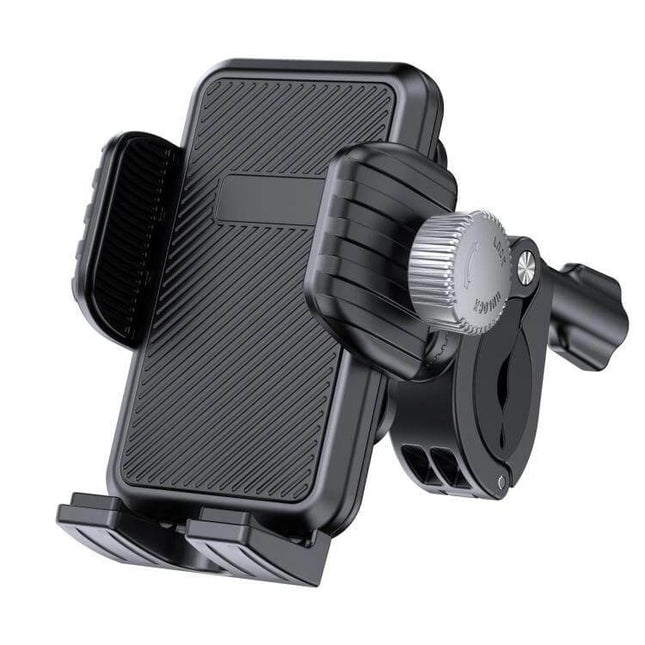 Phone Holder for Bike and Motorcycle With Shock Absorption securely mounted on handlebar, adjustable angle and anti-vibration grip
