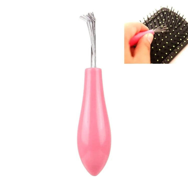 Hair Brush Cleaner Pink For Easy Brush Cleaning At Home - compact pink brush cleaner removing tangled hair from paddle brush bristles