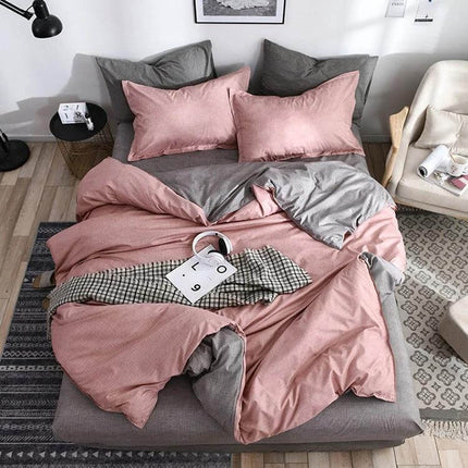 Bedding Set Solid Plaid Comforter Duvet Cover And Sheets Blue - pink and gray reversible bedding on modern bed, cotton/polyester blend