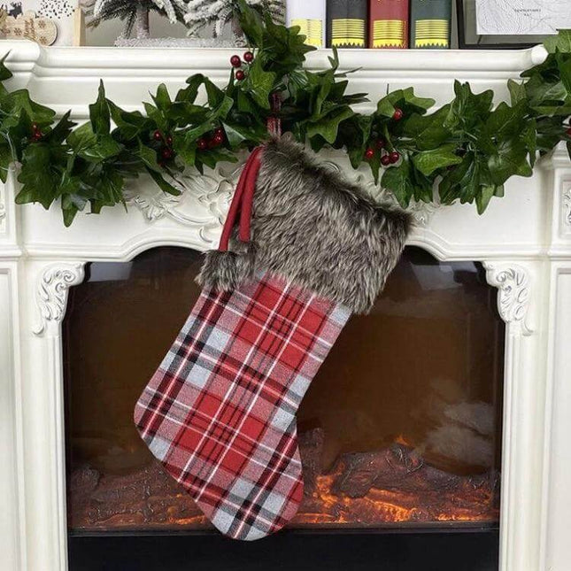 Christmas Tree Pendant For Decorations 47x20.5 cm - plaid fabric hanging ornament with faux fur trim for mantel, gift bags, shops
