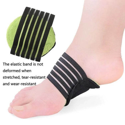 Plantar Fascia Heel Pad Arch Support Insole For Heel Pain Green showing green heel pad with black strap fitted under foot for arch support