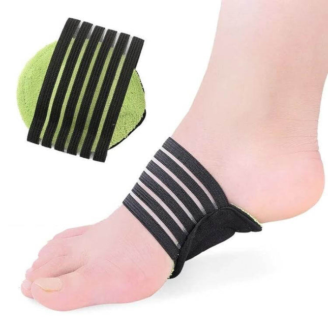 Plantar Fascia Heel Pad Arch Support Insole For Heel Pain Green shown strapped under arch for support and heel stabilization