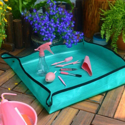 Planting Operation Mat 68x68cm For Potting And Soil Mixing turquoise reusable PE-coated potting mat with gardening tools and spray bottle