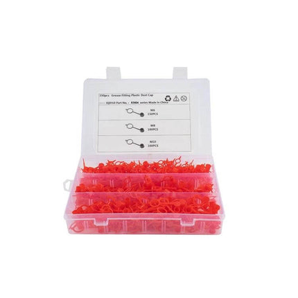 Plastic Dust Cover Cap Set For Grease Zerk Fittings M6 M8 M10 - red polyethylene caps kit in clear plastic organizer protecting zerk fittings