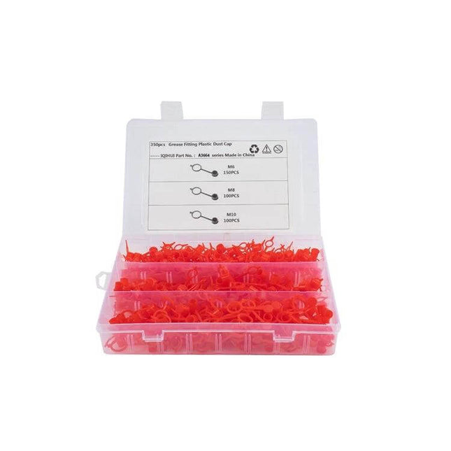Plastic Dust Cover Cap Set For Grease Zerk Fittings M6 M8 M10 - red polyethylene caps kit in clear plastic organizer protecting zerk fittings