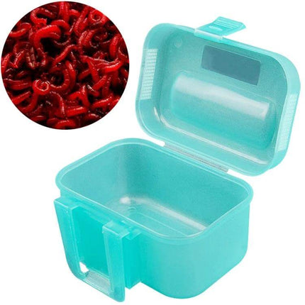 Plastic Live Earthworm Fishing Tackle Box With Large Compartment - turquoise plastic bait box with lip-fix lid open showing spacious 100x65x60mm compartment