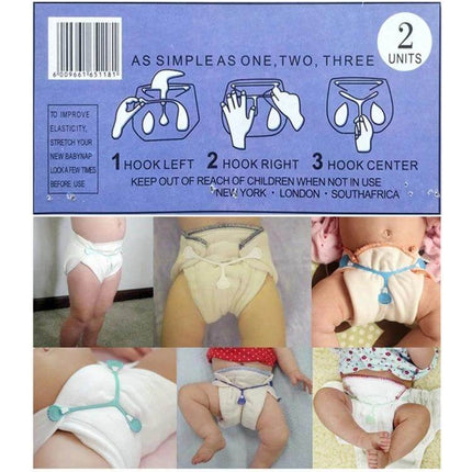 Plastic Three-Hook Baby Diaper Buckle, Assorted Colors - illustrated packaging and photos showing three-hook diaper buckle securing babies' diapers