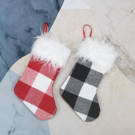 Plush Christmas Sock Gift Bag Ornament For Holiday Decor Red And White - red and black plaid plush stockings with white faux fur trim