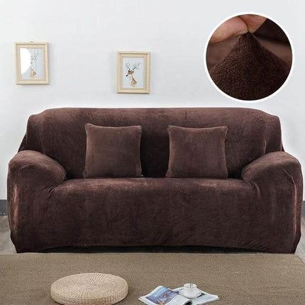 Plush Fabric Sofa Slipcover, Elastic 4-Seat Couch Cover 230-300cm in chocolate brown plush velvet protecting and softening a 4-seat sectional