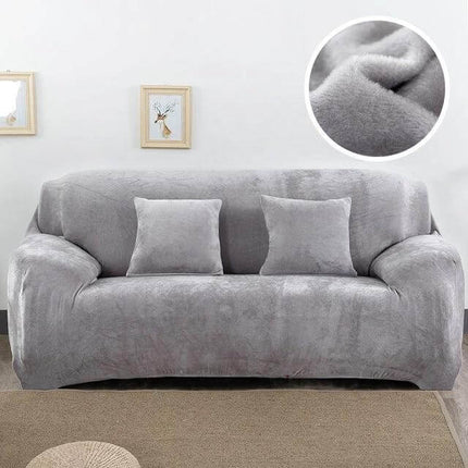 Plush Fabric Sofa Slipcover, Elastic 4-Seat Couch Cover 230-300cm - gray velvet plush protective stretch slipcover on 4-seat sofa