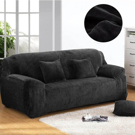 Plush Fabric Sofa Slipcover, Elastic 4-Seat Couch Cover 230-300cm in black plush fabric on a living room sectional with elastic edges and removable washable cover