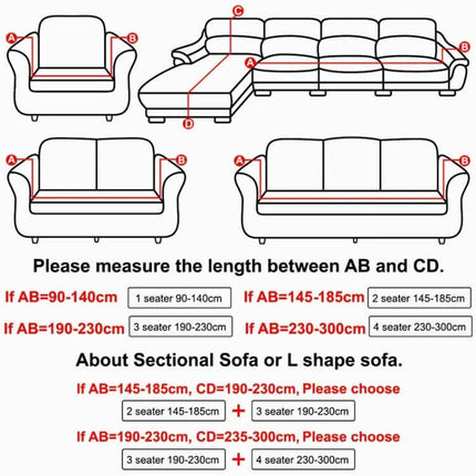 Plush Fabric Sofa Slipcover, Elastic 4-Seat Couch Cover 230-300cm diagram showing AB and CD measurements for sectional and L-shape sofas