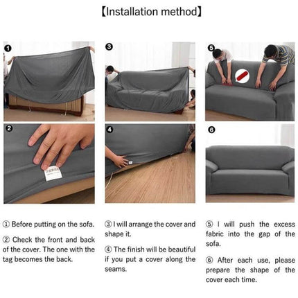 Plush Fabric Sofa Slipcover, Elastic 4-Seat Couch Cover 230-300cm showing installation steps and fitted gray velvet-like cover on sectional sofa