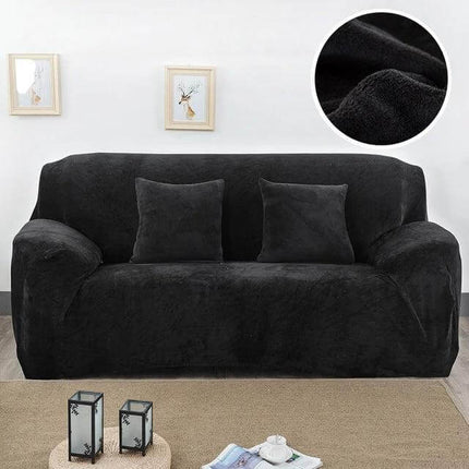 Plush Sofa Slipcover 3 Seat 190 To 230cm Soft Modern black plush velvet-like cover on 3-seat sofa, elastic edges for snug fit, protects from spills and pets
