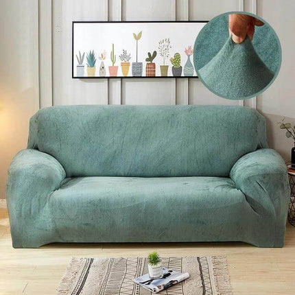 Plush Sofa Slipcover 3 Seat 190 To 230cm Soft Modern light green plush velvet-like cover fitted on 3-seat sofa, elastic edges, smooth modern finish