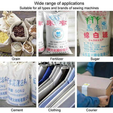 Polyester Rice Bag Sealing Thread For Sewing, 125g spool shown with rice/fertilizer/sugar/cement bags—durable 3-strand thread for heavy-duty bag seams