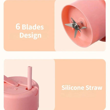 Portable 420ml USB Juicer Cup For Fresh Smoothies On The Go showing 6-blade cyclone head with 304 stainless steel blades and silicone straw