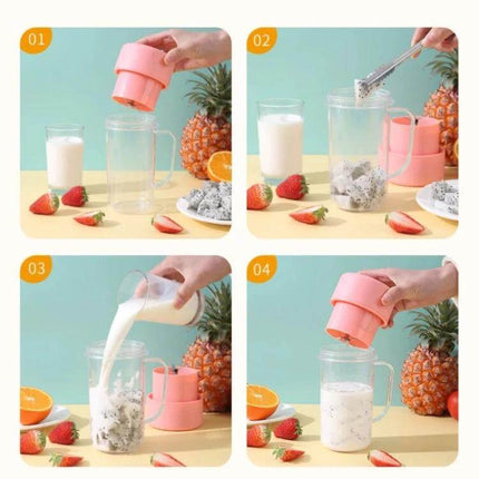 Portable 420ml USB Juicer Cup For Fresh Smoothies On The Go - pink portable blender demonstrating adding fruit, milk, and blending steps
