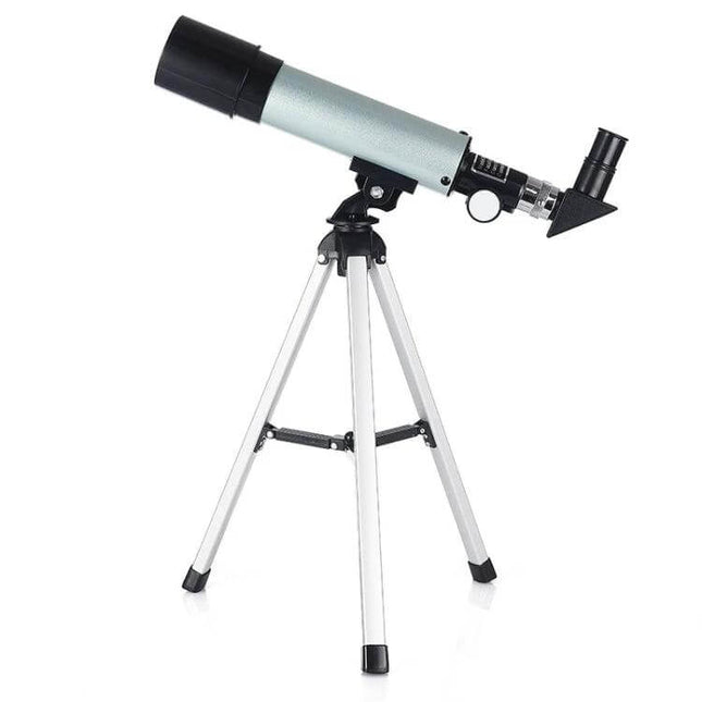 Portable 50mm Beginner Telescope With Tripod For Stargazing compact silver refractor on small aluminum tripod for moon and planet viewing
