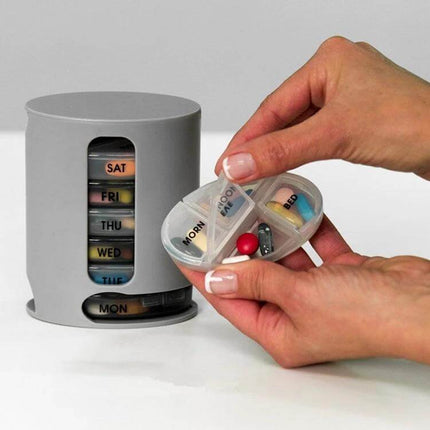 Portable 7 Day Pill Box For Travel And Easy Access showing a compact weekly dispenser with clear dividers and removable daily compartment