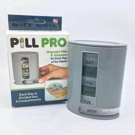 Portable 7 Day Pill Box For Travel And Easy Access showing a compact gray weekly pill organizer with labeled day compartments and retail box
