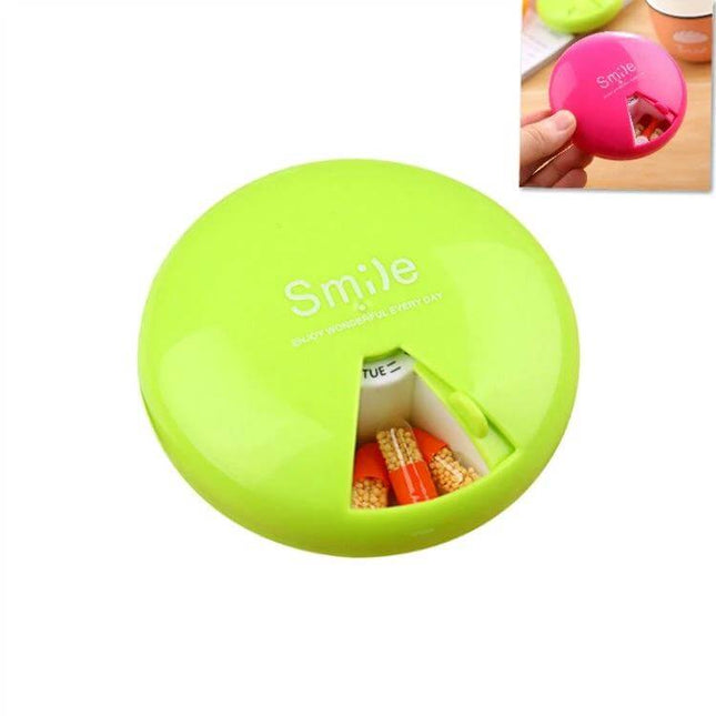Portable 7-Day Pill Box For Travel And Daily Doses compact round weekly organizer with covered lid in lime green for travel and daily doses