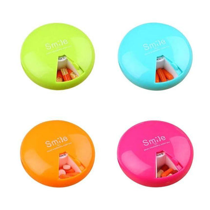 Portable 7-Day Pill Box For Travel And Daily Doses - compact round pill organizer in green blue orange pink with covered lid for weekly doses