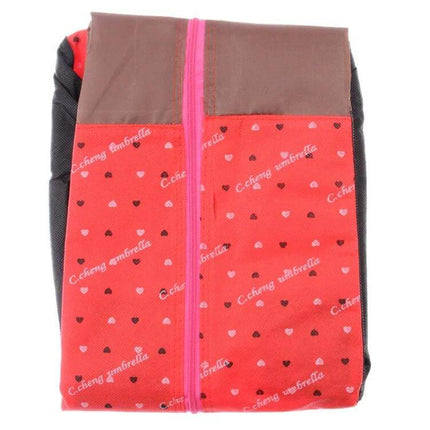 Portable Boots Storage Bag With See Through Window For Easy Finding - Red patterned fold-flat boot organizer with compartments and pink zipper