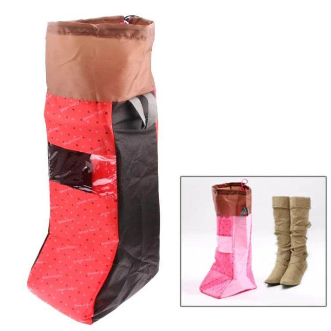 Portable Boots Storage Bag With See Through Window For Easy Finding - Red fold-flat boot organizer with clear window and separate compartments