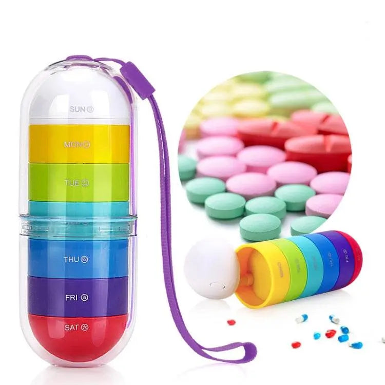 Portable Cylindrical Rotary 7 Compartments Pill Box Travel