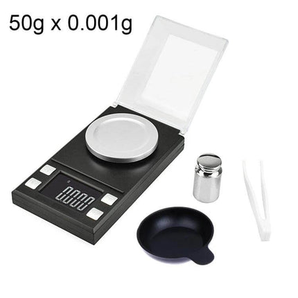 Portable Digital Jewelry Scale for Gemstone Weighing showing compact black scale with 1.6-inch display, stainless tray, calibration weight, scoop and tweezers