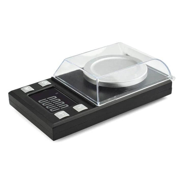 Portable Digital Jewelry Scale for Gemstone Weighing on counter showing 1.6-inch display and protective cover, ideal for rings, pendants, loose gemstones