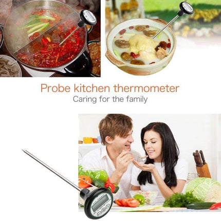 Portable Digital Meat Thermometer for Cooking and Barbecue inserted in hot pot and bowl showing probe and digital display, accurate readings