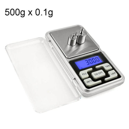 Portable Digital Pocket Scale for On-the-Go Weighing of Small Items - compact silver pocket scale with blue backlight showing 30.00g and calibration weights