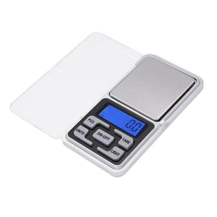 Portable Digital Pocket Scale for On-the-Go Weighing of Small Items showing compact silver scale with blue backlit 6-digit LCD and protective cover
