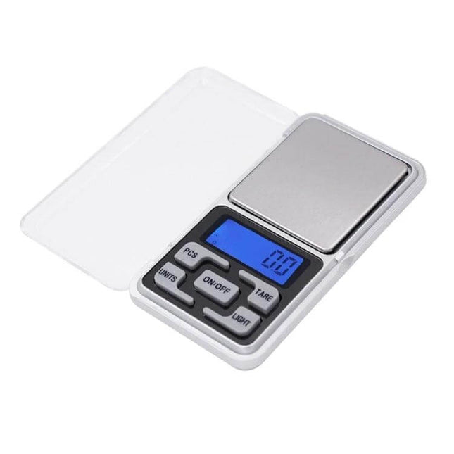 Portable Digital Pocket Scale for On-the-Go Weighing of Small Items showing compact silver scale with blue backlit 6-digit LCD and protective cover