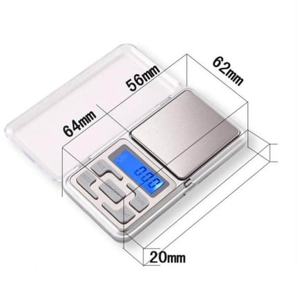 Portable Digital Pocket Scale for On-the-Go Weighing of Small Items - compact silver pocket scale with blue backlight LCD and dimensions shown