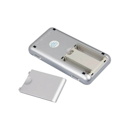 Portable Digital Pocket Scale for On-the-Go Weighing of Small Items slim silver pocket scale backside with battery compartment open