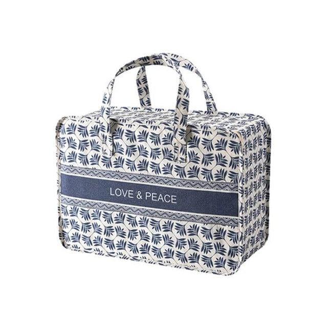 Portable Home Clothes Organizer Moving Bag Large Opening - blue leaf print cotton-linen storage bag with handles, waterproof inner layer