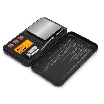 Portable Jewelry Scale 200g Capacity for Gems and Jewelry compact black digital scale with 58x58mm pan, orange LCD and protective case