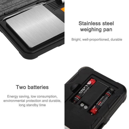 Portable Jewelry Scale 200g Capacity for Gems and Jewelry showing stainless steel weighing pan and battery compartment