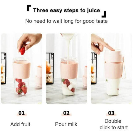 Portable Juicer Mini Electric Blender Pink For Smoothies On The Go - three-step use: add fruit, pour milk, double click to start, 300ml cordless travel blender