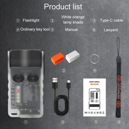 Portable Keychain Light Rechargeable For Everyday Carry showing flashlight, white/orange lamp shades, USB-C cable, keyring, manual and lanyard