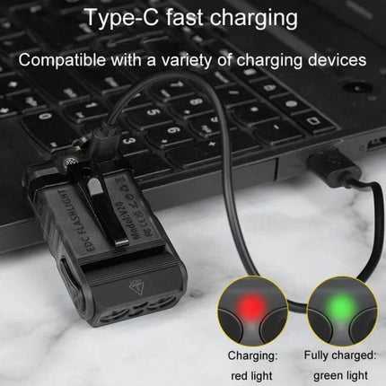 Portable Keychain Light Rechargeable For Everyday Carry USB-C charging plugged into laptop showing red charging and green fully charged indicators