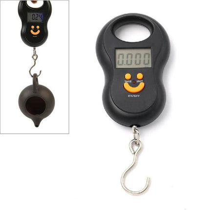 Portable LCD Digital Hanging Scale With 40 Kg Capacity - compact black handheld scale with LCD display, stainless steel hook and unit buttons