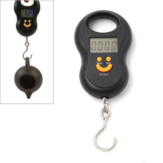 Portable LCD Digital Hanging Scale With 40 Kg Capacity - compact black handheld scale with LCD display, stainless steel hook and unit buttons